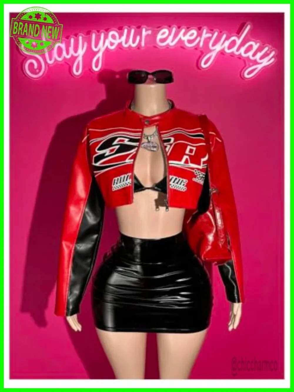 Women's Cropped Motorcycle Jacket Polyester Long Sleeve Button